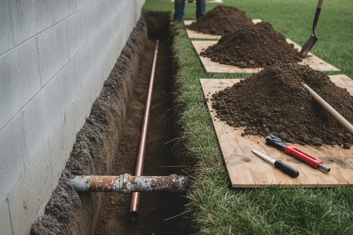 Excavated water line trench during Sewer Line Repair in Independence